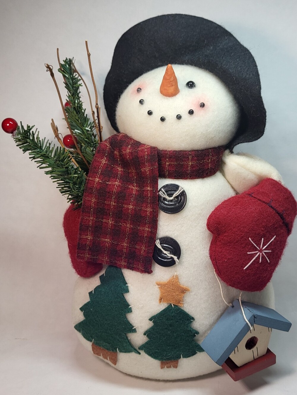 Snowman Figure Fleece Felt w/ Appliques Bird House Scarf Mittens Hat Holiday 11"
